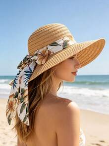 2pcs/1pc Summer Wide Brim Straw Hat For Women, Minimalist Fashion Lace Ribbon Beach Vacation Sun Protection Hat - Straw Hat - View 2