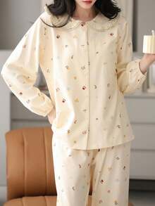 2pcs/Set Women's Open Front Pajama Set With Ruffle Trim, Long Sleeve, Skin-Friendly Home Wear For Spring And Autumn - Mustard Yellow - View 5