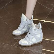Women's Sports Shoes Invisible Height Increase Hook And Loop Design Fashion High-Top Casual Shoes For Daily Wear - Beige Grey - View 3