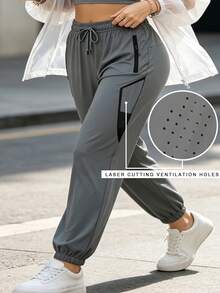 Women's Summer Loose Plus Size Minimalist Versatile Sports Long Pants, Fashion Thin Solid Color Casual Long Pants, Drawstring Waist, Plus Size Fall - Grey - View 2