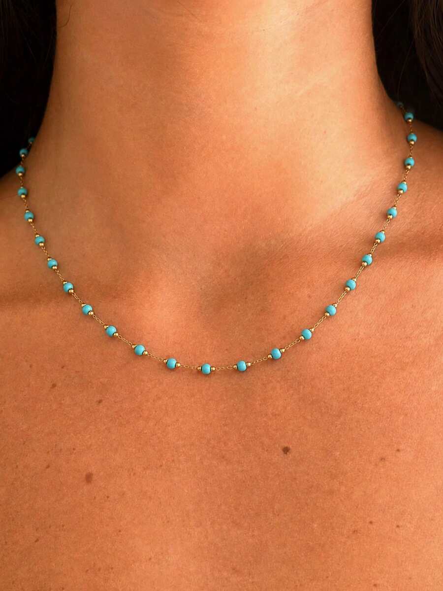 1pc Bohemian Style Necklace, Versatile Turquoise Necklace, Natural Stone Collarbone Necklace, Women's Beach Vacation Necklace - Multicolor - View 1