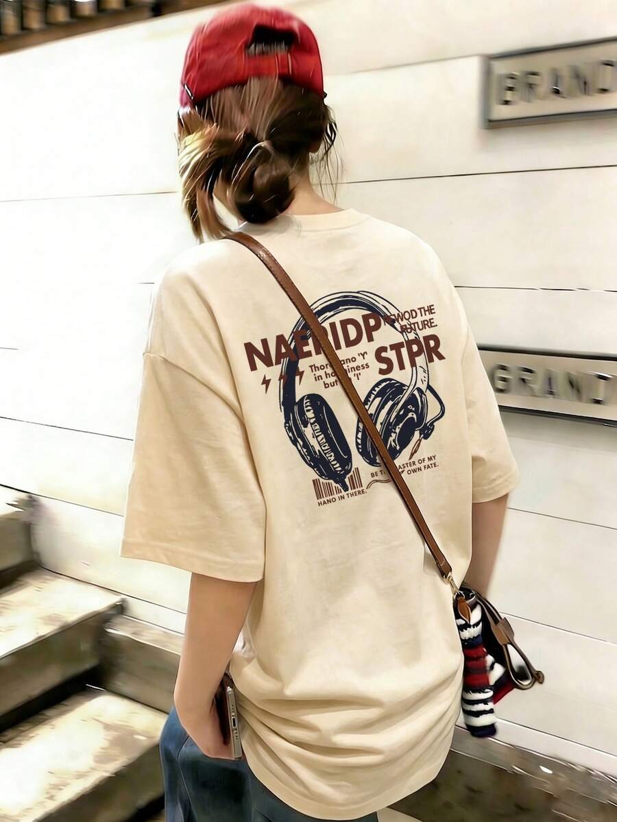 女款時尚春夏寬鬆圓領簡約百搭字母線條耳機卡通印花短袖T恤休閒 - 杏色 - 查看 1