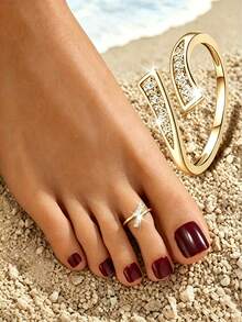 1 Pair Gold-Plated Wave Rhinestone Adjustable Toe Rings, Bohemian Sparkling Beach Vacation Women's Foot Jewelry - Gold - View 2