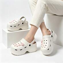 Women's High Heel Height-Increasing Rose Decor Clog Sandals, Thick Sole Breathable Slip-On Wedge Beach Slides, Anti-Slip Outdoor Wear - White - View 3
