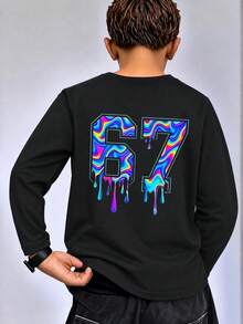 1pc Tween Boys Double-Sided Print Long Sleeve Top, Colorful Fluid Drip Paint Number 67 Front & Back Contrast Print, Crew Neck Loose Pullover, Spring/Autumn Children's Clothing - Black - View 1