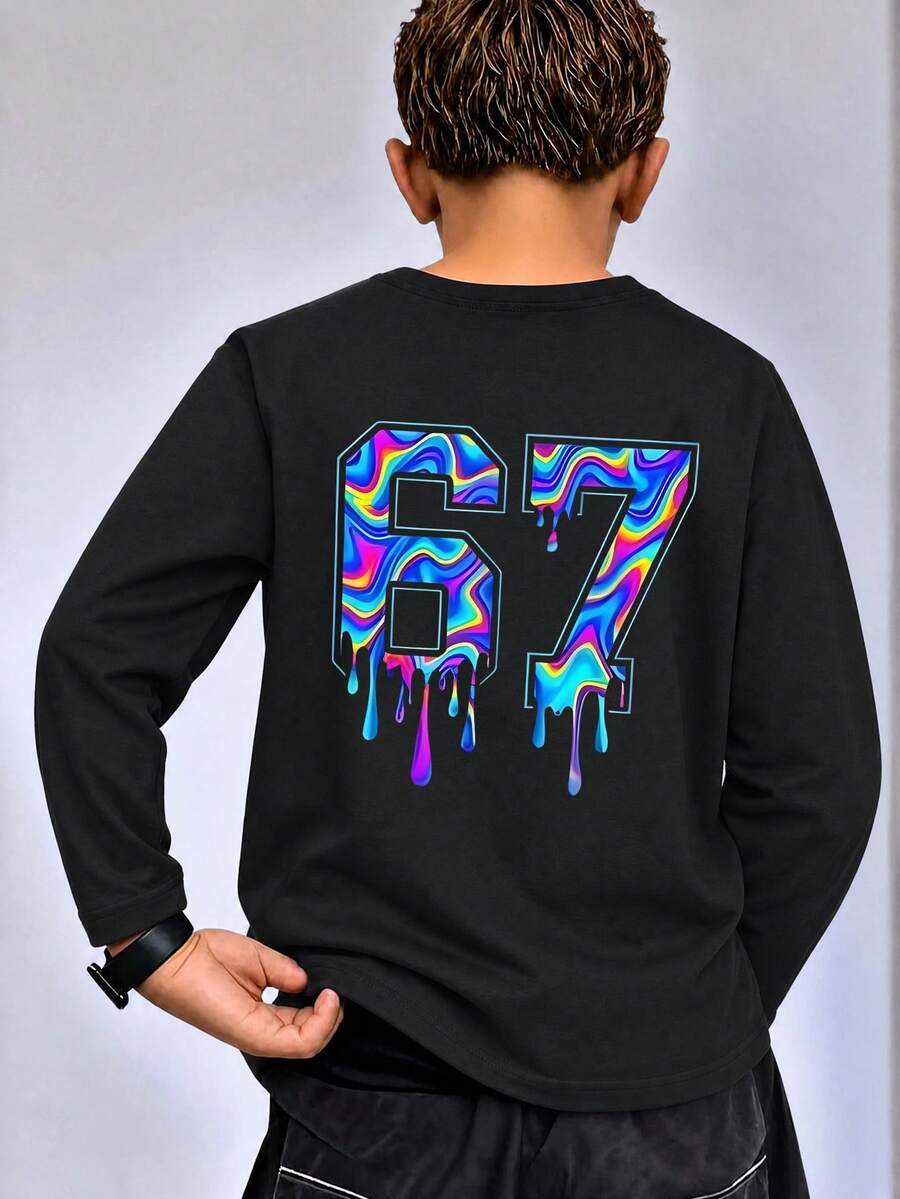 1pc Tween Boys Double-Sided Print Long Sleeve Top, Colorful Fluid Drip Paint Number 67 Front & Back Contrast Print, Crew Neck Loose Pullover, Spring/Autumn Children's Clothing - Black - View 1