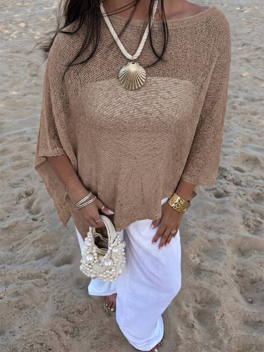 Poncho de punto transparente con cuello drapeado, chal para cubrir la playa - Bronce - Ver 1