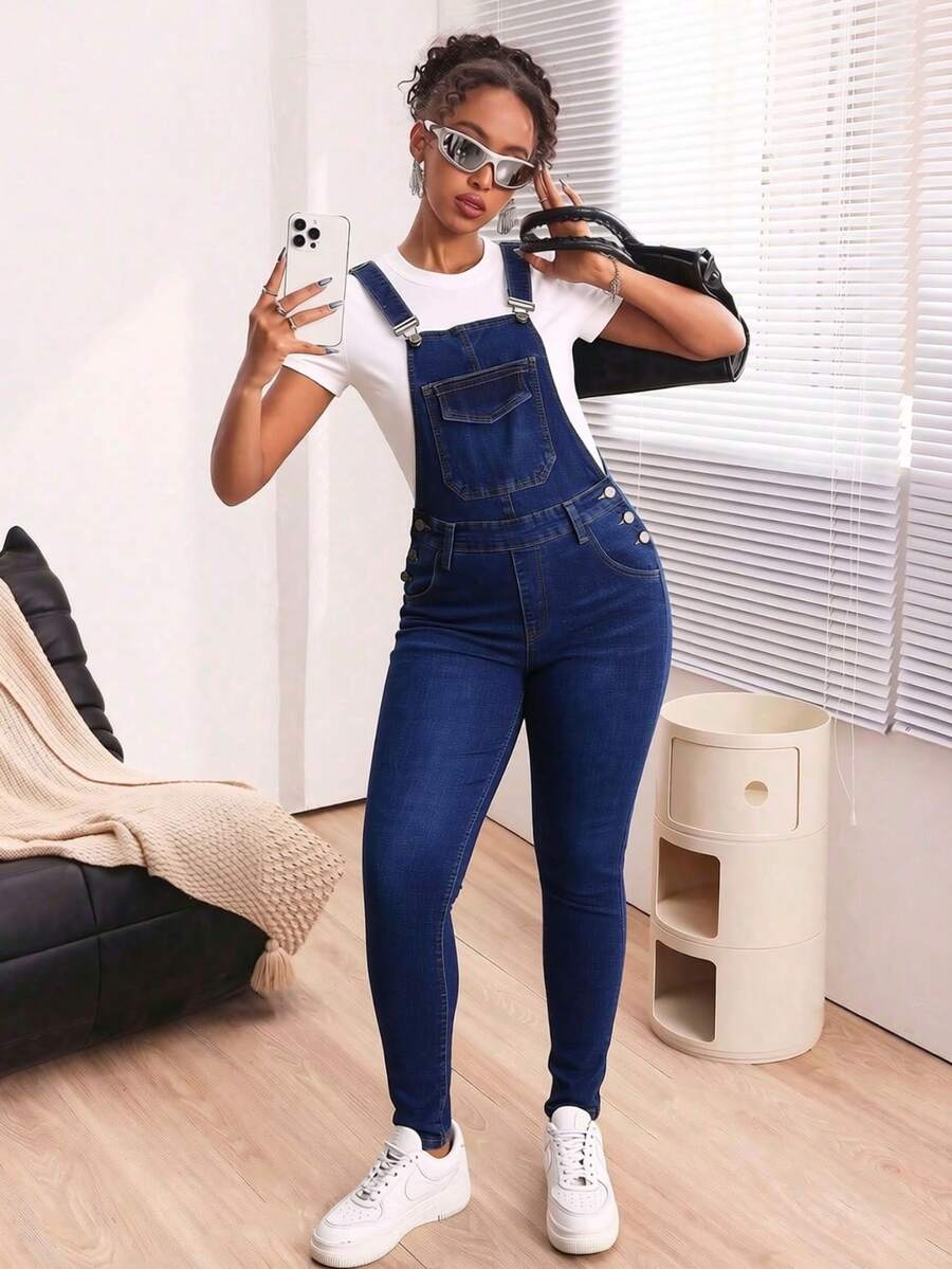 Women Denim Overalls & Jumpsuits - Dark Wash - View 1