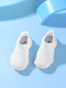 幼兒彈性針織襪式運動鞋，一腳蹬透氣兒童運動鞋，輕量緩震防滑底休閒走路鞋，適合嬰幼兒男孩女孩的校園訓練鞋 - 白色 - 查看 5