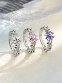 1pc Minimalist Fashion Lucky Four-Leaf Clover Flower Pink Diamond Ring, Mori Style Personalized Korean Version Inlaid Colorful Zirconia Four-Leaf Clover Leaf Open Joint Versatile Ring - Multicolor - View 3