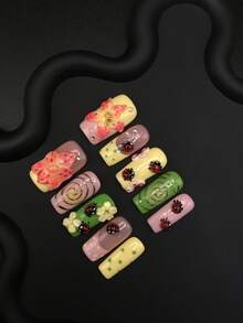 Handmade Macaron Polka Dot Press On Nails, Stereo Ladybug Floral Gilded Spiral Line, Medium Square Spring Cute False Nails For Daily Wear - Multicolor - View 9