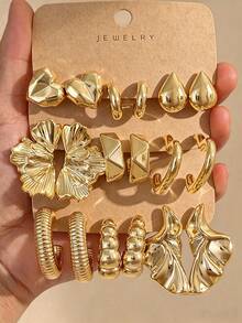 6/18pcs Geometric Symmetrical Petal Gold-Plated Earring Set For Women, Including Heart, Teardrop, C-Shaped, Floral, Exaggerated Earrings - Yellow Gold - View 1