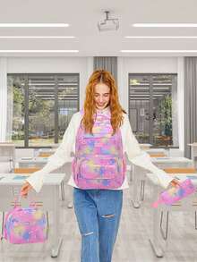 Set de 3 piezas de mochila escolar con estampado de medusas lindas, incluye bolsa de mano y estuche para lápices, correas ajustables para los hombros, múltiples bolsillos y compartimentos, almacenamiento organizado, gran capacidad, mochila escolar de poliéster ligera, cierre con cremallera, adecuada para la escuela, el trabajo, uso diario, mochila para niñas, regalo de vuelta a la escuela - A - Ver 9