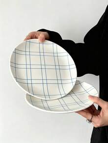 1pc Bamboo Fiber Material Double Line Plaid Plate, Breakfast Fruit Plate, Dessert Salad Plate, Baby Complementary Food Plate - Multicolor - View 4