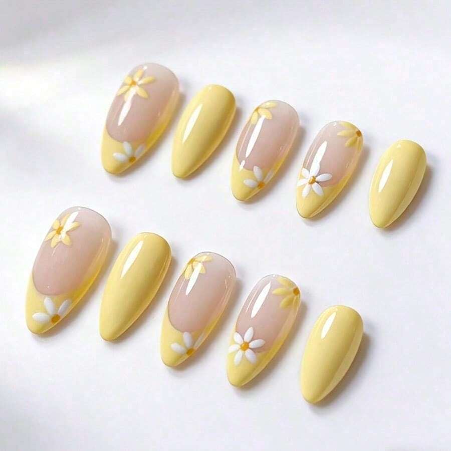 10片軟黃色雛菊花卉穿戴式美甲，亮面杏仁形法式指尖假指甲，春夏可重複使用全覆蓋美甲套組，手工壓貼式美甲