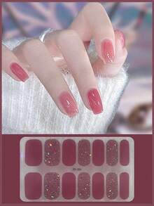 Pegatina de uñas de gel sin horneado color rosa coral, película de aceite para uñas, pegatina de uñas impermeable, pegatina de unicolor, pegatina de polvo de cebollino, pegatina de degradado de color saltarín, pegatina completa - Rosa Fucsia - Ver 7