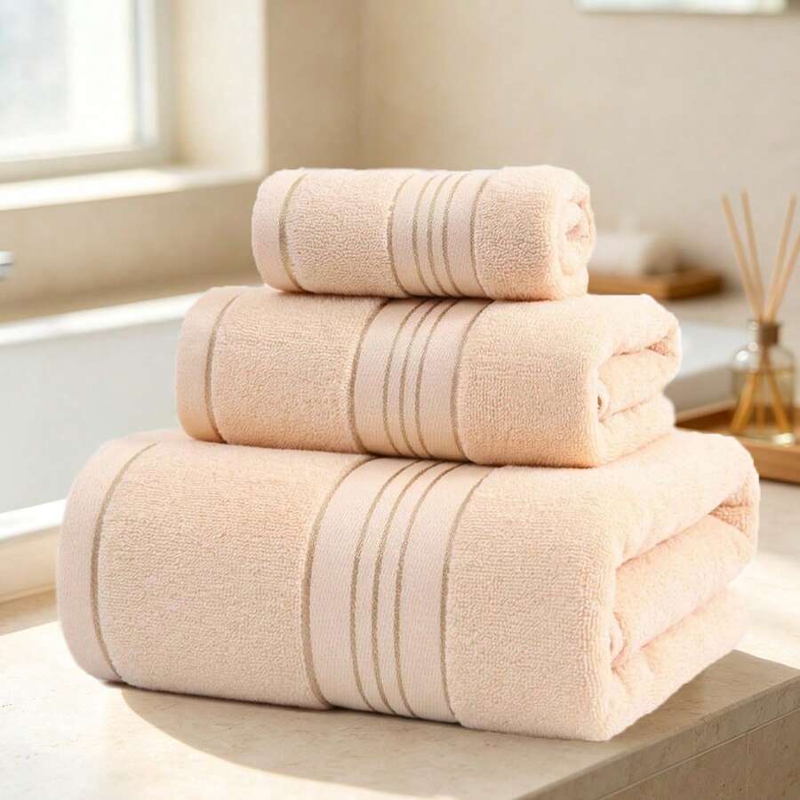 1件毛巾 34cm*75cm/浴巾 70cm*140cm & 3件套 (浴巾+毛巾+手巾) 精梳棉雙面純棉高捻金絲帶設計 厚實吸水柔軟親膚 家用洗臉洗澡擦身擦手擦臉 浴室用品 - 杏色 - 查看 1
