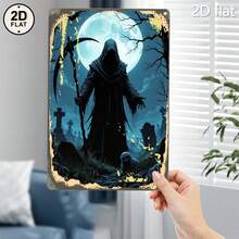 2D Flat, 1pc Gothic Grim Reaper Graveyard Wall Art- Tinplate Metal Sign with Full Moon tombstones, 20.32x30.48 cm IndoorOutdoor Halloween Decor, Spooky Gothic Home Decoration, Eerie Night Scene, Rustic Finish, 2D Flat, Perfect for Room Decor - 1PC - Übersicht 2