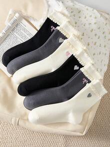 3 Pairs Women's Mid-Calf Socks With Bow And Heart Patterns, Vintage Style Ruffled Socks Suitable For All Seasons, Essential For Autumn, Winter - Multicolor - View 11
