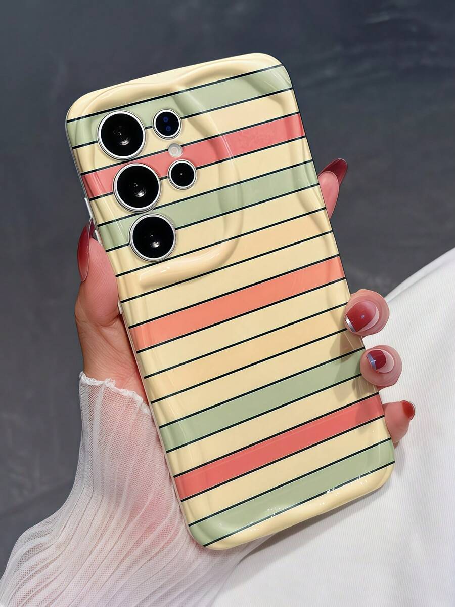 1pc Cream Dopamine Wavy Ruffle Soft TPU Texture Creative Personalized Striped Pattern Phone Case Compatible With Galaxy S21 S22 S23 S24 S25 S26/Honor/ And Other Models - White - View 1
