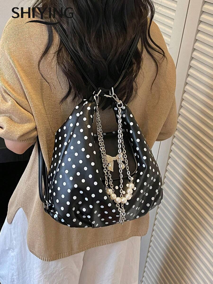 Fashion Polka Dot Backpack, Women's Shoulder Crossbody Bag, Bowknot Decoration, 1pc Solid Color PU Leather New Style Backpack, Adjustable Shoulder Strap, Suitable For Shopping, Commuting, Street Shopping, Dating And Other Occasions