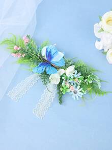 1pc Vintage Green & Blue Butterfly Pink Floral Lace Tie Flower Crown, Gentle Bohemian Forest Lawn Travel Photography Bridal Styling Wedding Accessory Headpiece - Green - View 4