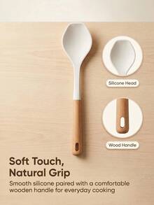 Silicone Soup Spoon: Natural Wood Heat-Insulating Handle + Off-White Silicone Spoon Head. No Residue. Suitable For Soup, Stir-Fry, Sauce Mixing. Universal Design. Does Not Damage Or Stick To Cookware Coating. - Multicolor - View 10