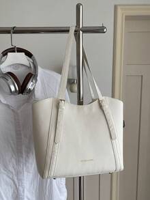 Fashionable New Solid Color Large Capacity Letter Label Design Shoulder Bag, Minimalist Practical Commuter Style Women's Bag - White - View 9