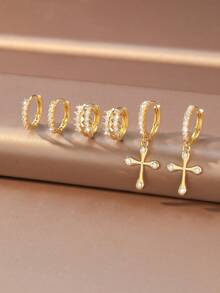 6pcs/Set Vintage Full Rhinestone Plain Band Cross Pendant Earring Set, Suitable For Women's Daily Commute And Prayer Wear - Earring Set - View 11