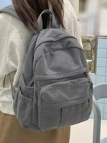 1件極簡大容量女款背包，純色，適合旅行、購物、攜帶筆電、教科書、衣物，休閒風格 - 灰色 - 查看 5