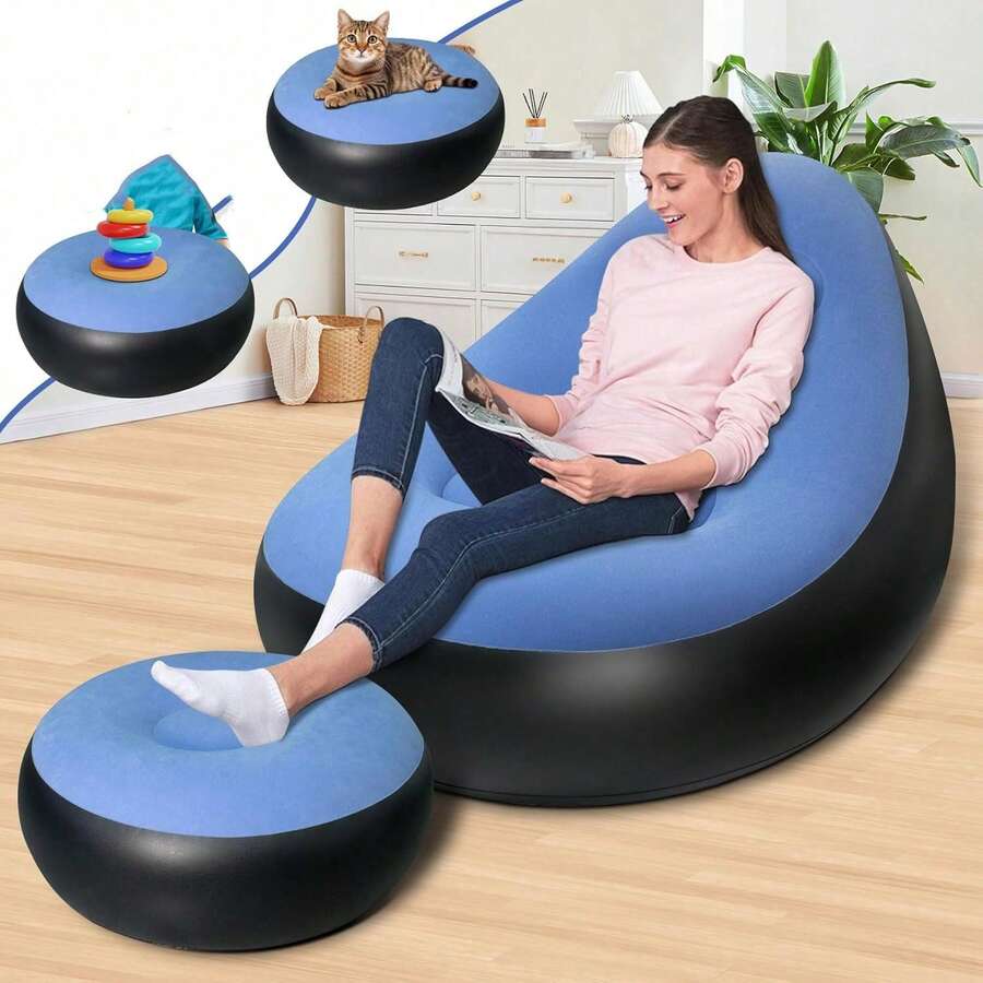 Silla inflable con reposapiés, sofá inflable con superficie aterciopelada para adultos, silla cojín de aire inflable cómoda, sofá inflable portátil impermeable, sofá inflable para camping - silla - Ver 1