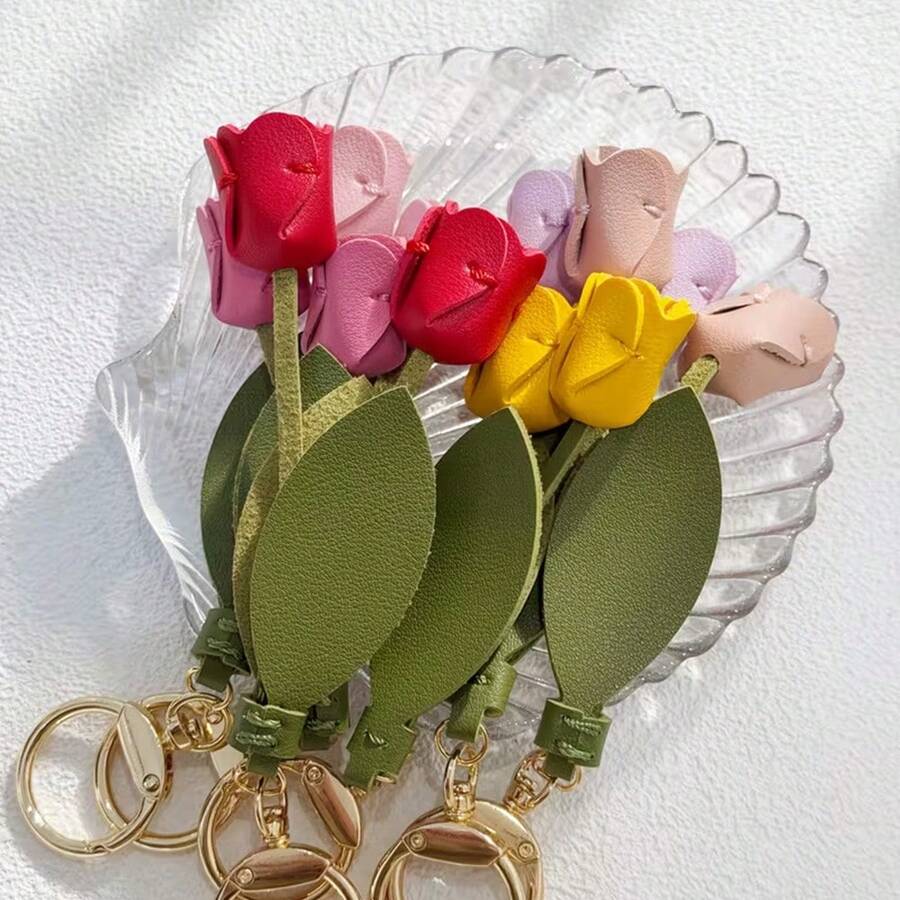 JRESSIAL 1件女款鑰匙圈吊飾,甜美創意拼色PU皮革鬱金香花鑰匙圈,適合包包與衣物日常佩戴,小眾美學配件,汽車掛飾,生日與週年禮物 - 彩色 - 查看 1
