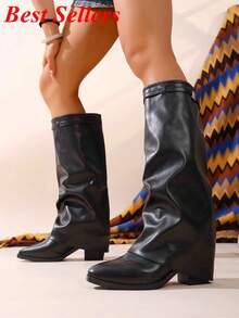 Women's Leather Flap Shark Classic Buckle High-Top Boots, Fashion Design, Suitable For -Seeking Women, Durable And Comfortable Footwear - Black - View 4