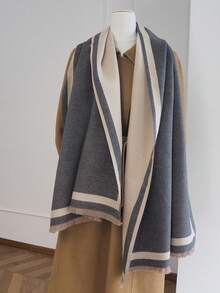 1PC Women's Autumn/Winter Double-Sided Faux Cashmere Colorblock Fashion Versatile Air Conditioning Shawl Thick Warm Scarf Suitable For Daily Use - Gray Beige - View 3