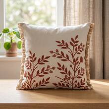 優雅葉片刺繡流蘇抱枕套，法式鄉村田園風裝飾枕套，適用於沙發床 (18x18 / 12x20 英吋) - 磚紅色 - 查看 7