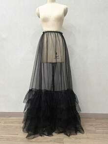 1pc Layered Ruffle Sheer Tulle Maxi Dress Cover-Up, Elastic Waist Long Train Layering Inner Wear, Summer Beach Wedding Nightclub Women's Outfit Accessory - A - View 10
