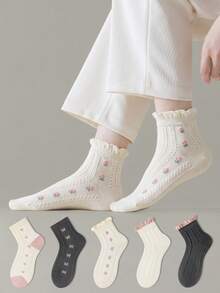 ZUJO 5 Pairs Women's Ruffle Pink Short Socks, Floral & Bow & Cable Knit Pattern, Suitable For All Seasons, Simple & Comfortable, Random Color - Multicolor - View 7