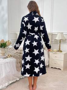 Women's Autumn/Winter Long Sleeve Belted Home Robe, Warm Fluffy Loose Comfortable Soft Star Print Fleece Pajama Robe - Navy Blue - View 4
