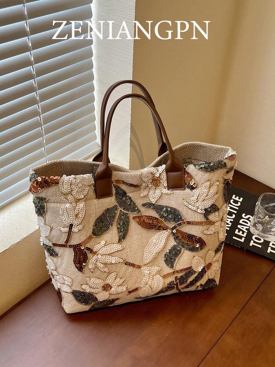 Women's Floral Sequin Embroidered Tote Bag Large Capacity Handbag - Multicolor - View 1