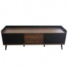 TV Stand With Two Drawers, TV Table, Low TV Board With Two Sliding Doors. Black And Natural Wood - 黑色 - 查看 10