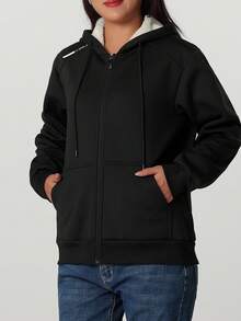Women's Warm Fleece Lined Hooded Zip-Up Jacket, Winter Sports Fitness Cycling Running & Casual Wear Outerwear - Black - View 2