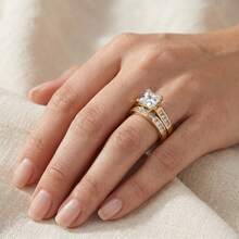 2pcs Luxury Gold Princess Cut Cubic Zirconia Ring Set, Fully Pave Stackable Wedding & Engagement Rings, Bridal Jewelry Gift For Women, Valentine's Day Present - Gold - View 4