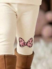 Baby Girl Cartoon Print Crew Neck Long Sleeve Top And Leggings - Apricot - View 4