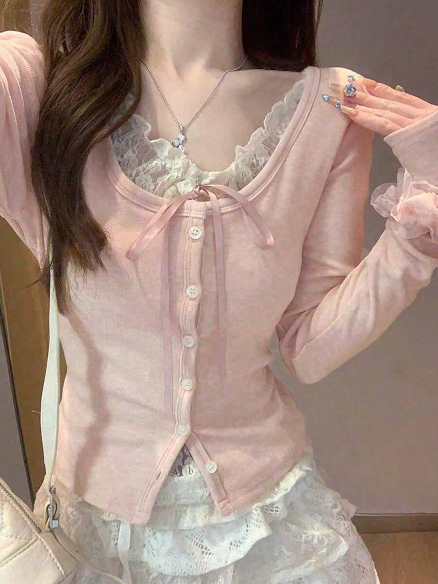 春季韩版纯色蕾丝拼接纽扣装饰修身长袖打底T恤上衣休闲粉色 - 粉色 - 查看 1