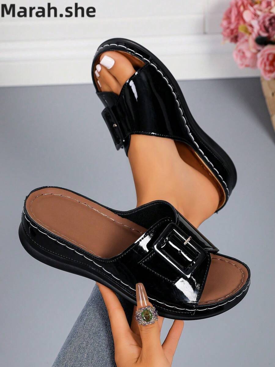 PWIIMG Black Glossy Platform Wedge Sandals, Open Toe With Metal Buckle Decor, Fashionable New Summer Casual Beach Vacation Sandals,Holiday Essential