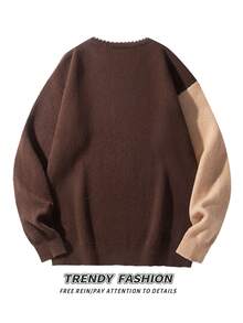Two-Tone Winking Bear Intarsia Knit Sweater Men's Crew Neck Contrast Trim Loose Fit Pullover - Brown - View 3