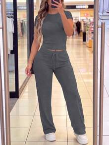Women's Spring/Summer/Autumn New Round Neck Short Sleeve T-Shirt & Casual Daily Elastic Waist Loose Long Pants 2 Pieces Set, Outfit Elegant - Dark Gray 51 - View 6