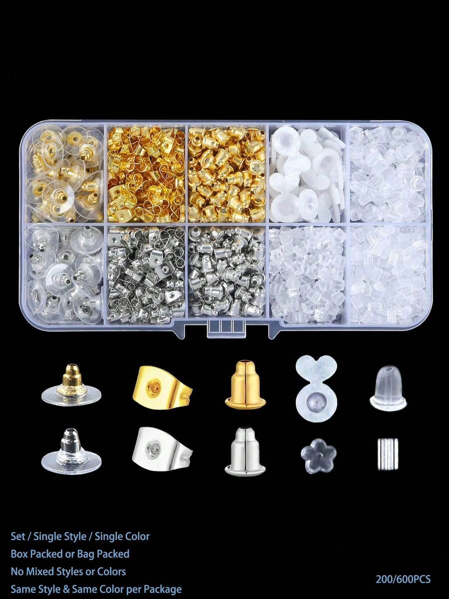 200/600pcs Earring Backs, 10 Styles Transparent Plastic Metal Rubber Silicone Earring Backs Bullet Clasp Replacement Set Suitable For Fish Hook Earrings - Earplugs - View 1