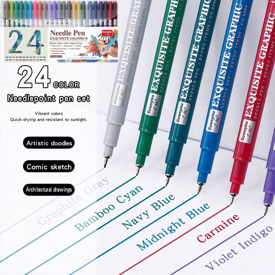 GuangNa 12/24 Colors Vintage Style Ink Pen, 0.5mm Nib, Smooth And Even Ink Flow. Perfect For Line Art, Doodling, Comic Design, Sketching, And Outlining. Professional Art Supplies.