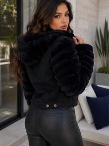 YOUTH STRETCH DENIM JACKET WITH SHEARED LINING AND PLUSH SLEEVES, JOCELYN MODEL - Black - View 4